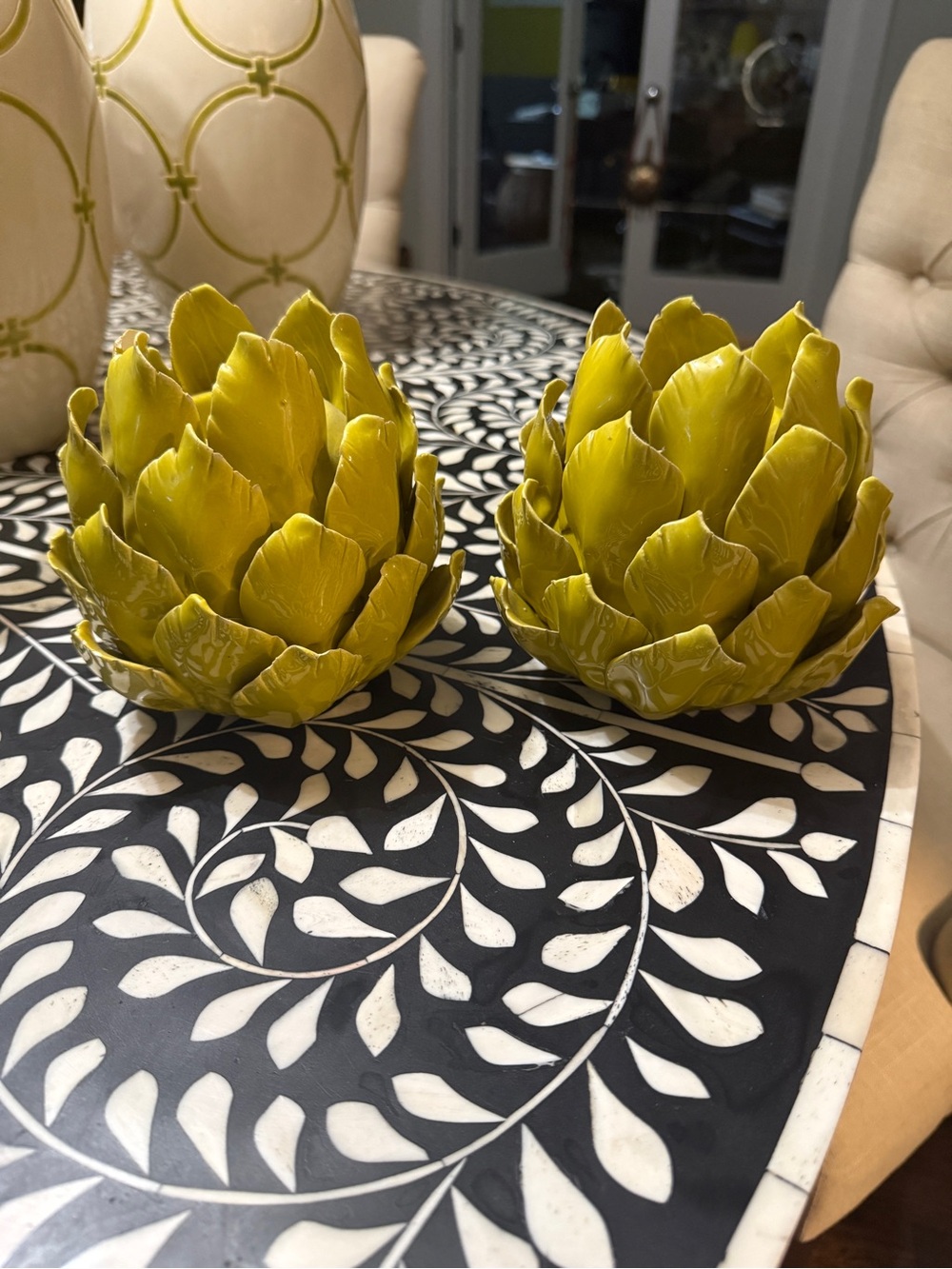 Set of 2 Lime Green Ceramic Artichoke Decorative Accents